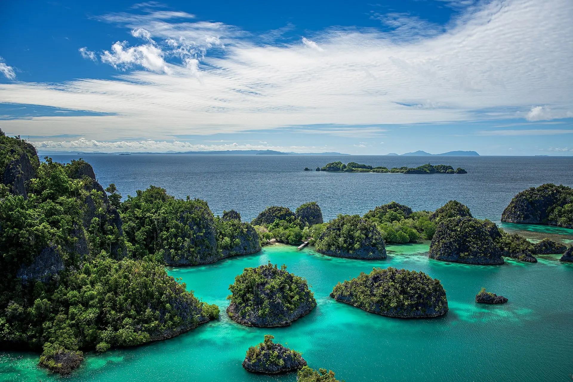Aerial view over the Piaynemo karst islets and turquoise channels of Raja Ampat